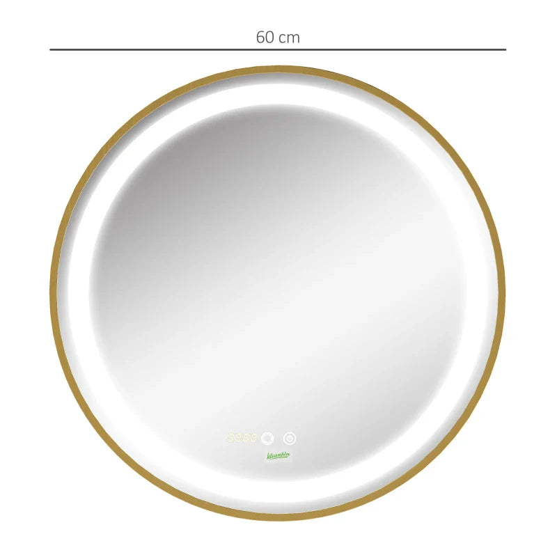 Espelho Casa de Banho com Luz LED Ø60x4cm Espelho Redondo com Interruptor Tátil 3 Luzes Ajustáveis Visualização de Temperatura e Hora Função de Memória Estrutura de Alumínio Dourado