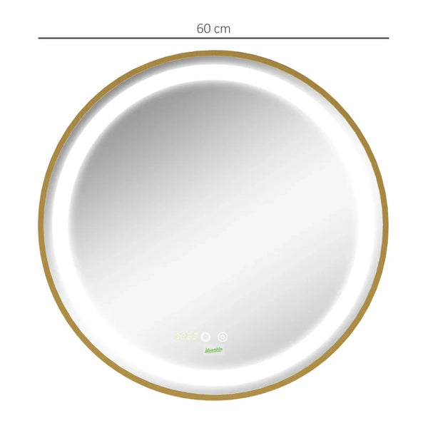 Espelho Casa de Banho com Luz LED Ø60x4cm Espelho Redondo com Interruptor Tátil 3 Luzes Ajustáveis Visualização de Temperatura e Hora Função de Memória Estrutura de Alumínio Dourado