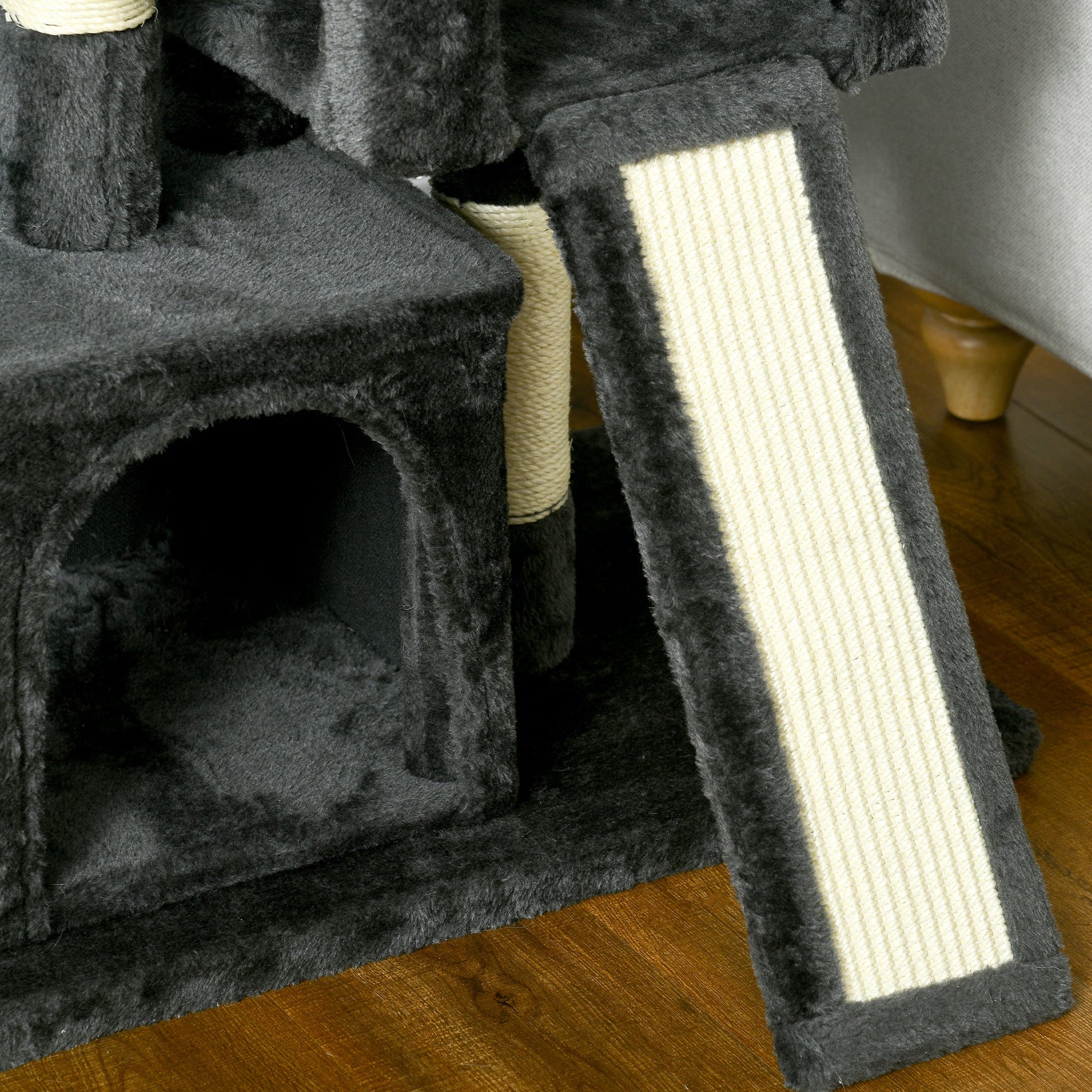 PawHut Arranhador para Gatos com Postes e Placa de Arranhar em Sisal Caverna Cama com Borda Elevada e Tato Suave 59x39x83 cm Cinza Escuro