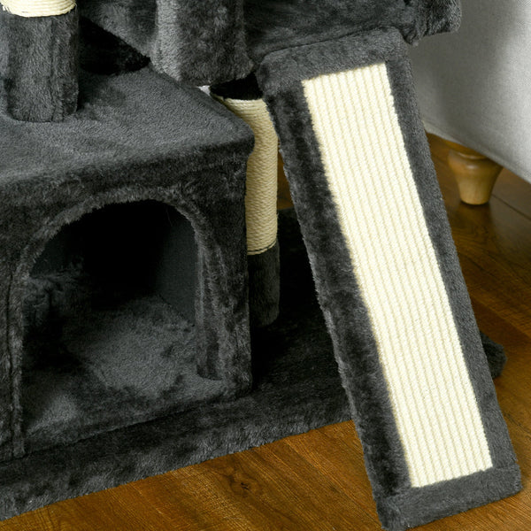 PawHut Arranhador para Gatos com Postes e Placa de Arranhar em Sisal Caverna Cama com Borda Elevada e Tato Suave 59x39x83 cm Cinza Escuro