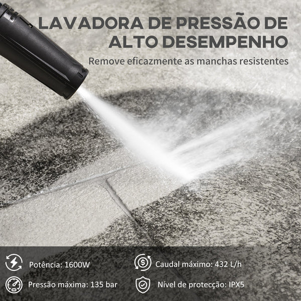 Lavadora de Alta Pressão 1600W Caudal 432 L/h Bomba de Alumínio Pressão de 135 Bar Mangueira de 6 m Inclui Garrafas de Sabão Bocal Escova 32x24x65 cm Azul