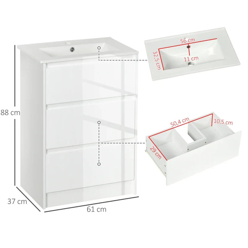 Móvel de Casa de Banho com Lavatório Armário Casa de Banho de Cerâmica Sintética com 2 Gavetas 61x37x88 cm Branco Brilhante