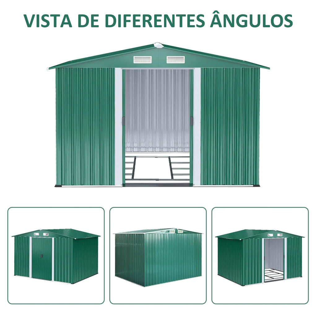 Abrigo de Jardim 258x206x178cm 5,3m² Abrigo de Aço Galvanizado com Portas de Correr e Ventilações para Armazenamento de Ferramentas Jardinagem Verde