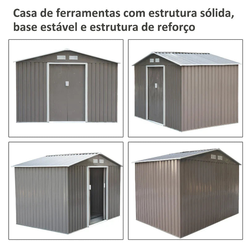 Abrigo de Jardim Exterior 4,83m² 277x195x192cm Abrigo e Jardim Metálico para Armazenamento de Ferramentas com Base de Reforço Incluída e 4 Janelas Cinza