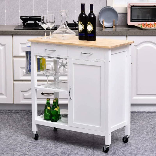 Carrinho de Cozinha Multiusos Carrinho Auxiliar com Rodas Prateleiras Armário e Gavetas para Cozinha 88,5x40x86cm Branco e Madeira Natural
