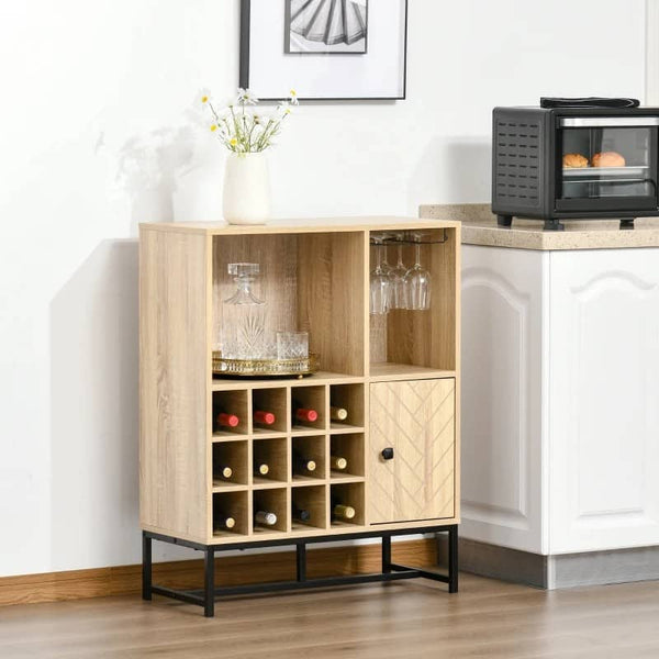 Aparador de Cozinha Armário com 1 Porta Prateleiras Abertas Suporte para 12 Garrafas e Suporte para 6 Taças de Vinho Sala de Jantar Bar Restaurante 76x35x97cm Madeira Natural
