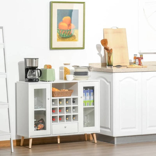 Aparador de Cozinha Armário de Armazenamento com 12 suportes para Garrafas e 3 Estantes Portas de vidro 100x30x80cm Branco