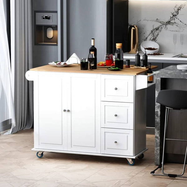 Carrinho de Cozinha com Rodas Carrinho de Cozinha com Bancada Rebatível 3 Gavetas 1 Armário com Prateleira Interior Ajustável e Suporte para Temperos 128,8x75,5x92,5cm Branco e Natural