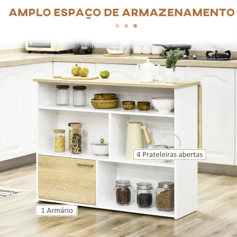 Mesa Alta Extensível com Lateral Dobrável Mesa de Bistró com Compartimentos de Armazenamento e 1 Porta para Cozinha Sala de Jantar 116x79,5x91 cm Branco