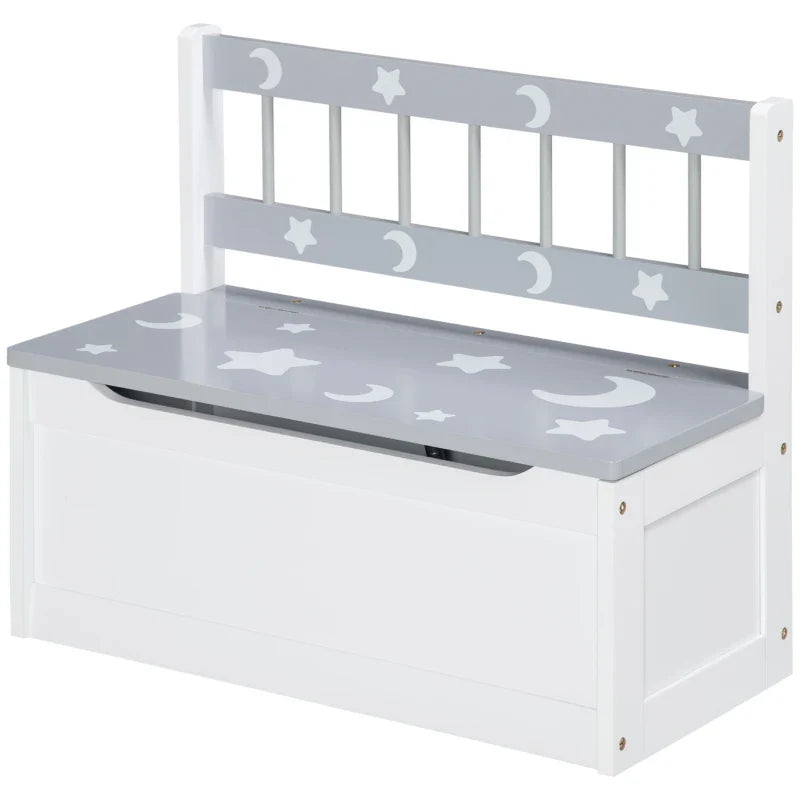 Baú Infantil 2 em 1 Organizador de Brinquedos para Crianças acima de 18 Meses Banco de Armazenamento Infantil com Tampa para Dormitório Sala de Jogos Carga 50kg 60x30x50cm Branco e Cinza