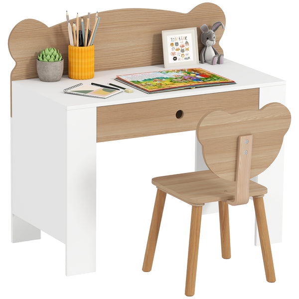 AIYAPLAY Secretária para Crianças com Cadeira em Forma de Ursinho Secretária Infantil com Gaveta para Estudar Ler e Desenhar Mesa para Crianças para Dormitório Branco e Madeira