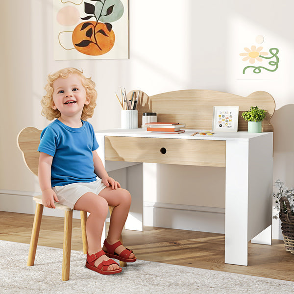 AIYAPLAY Secretária para Crianças com Cadeira em Forma de Ursinho Secretária Infantil com Gaveta para Estudar Ler e Desenhar Mesa para Crianças para Dormitório Branco e Madeira