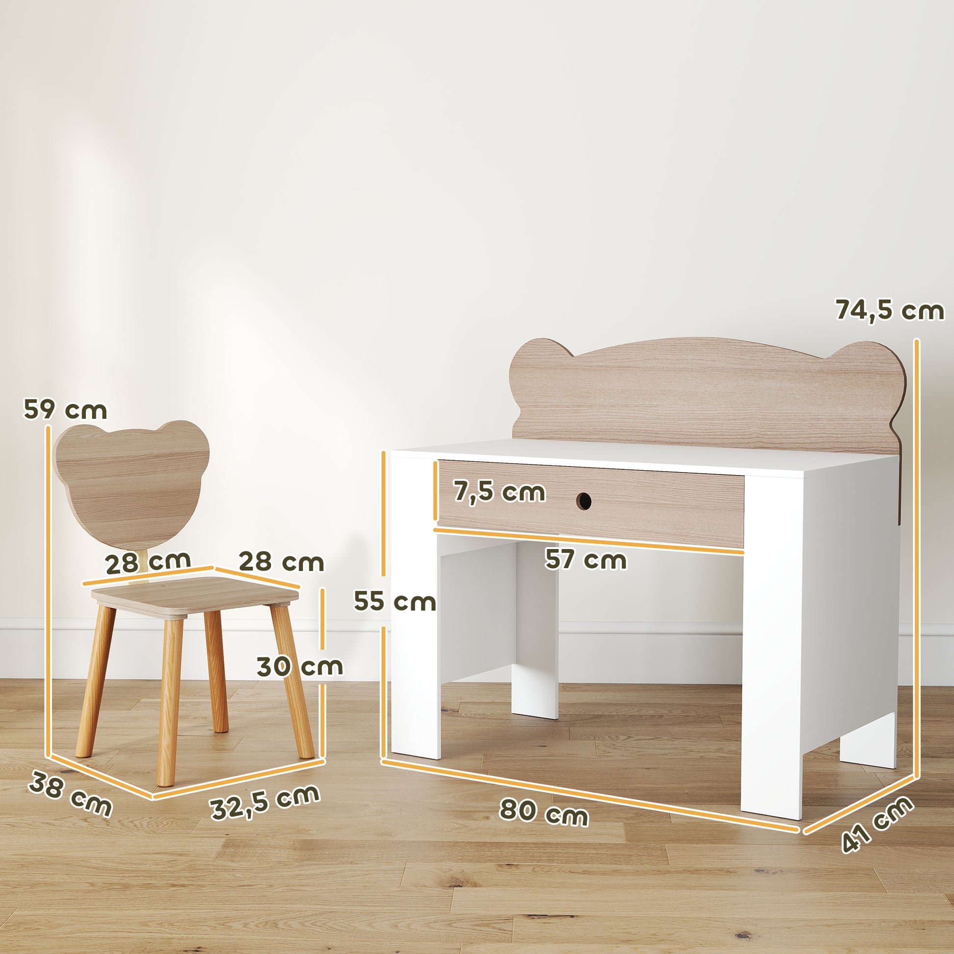 AIYAPLAY Secretária para Crianças com Cadeira em Forma de Ursinho Secretária Infantil com Gaveta para Estudar Ler e Desenhar Mesa para Crianças para Dormitório Branco e Madeira