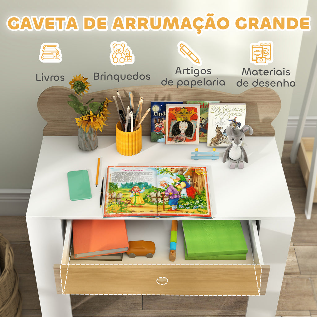 AIYAPLAY Secretária para Crianças com Cadeira em Forma de Ursinho Secretária Infantil com Gaveta para Estudar Ler e Desenhar Mesa para Crianças para Dormitório Branco e Madeira