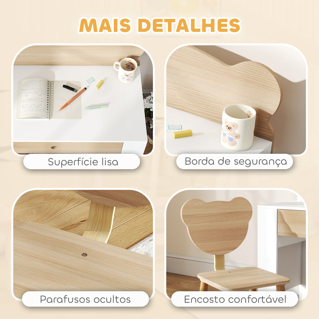 AIYAPLAY Secretária para Crianças com Cadeira em Forma de Ursinho Secretária Infantil com Gaveta para Estudar Ler e Desenhar Mesa para Crianças para Dormitório Branco e Madeira