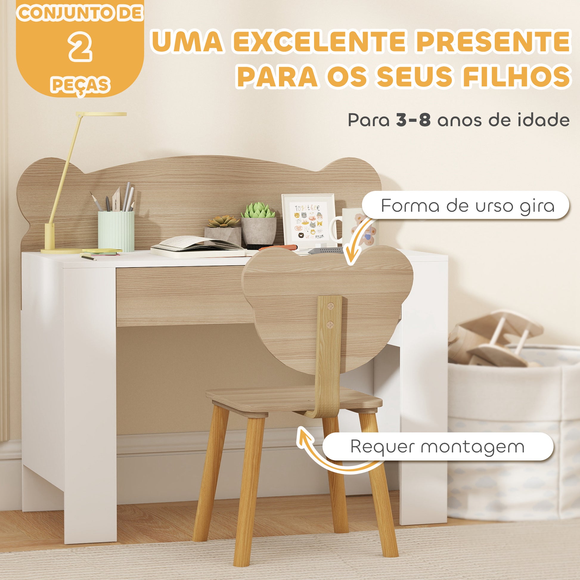 AIYAPLAY Secretária para Crianças com Cadeira em Forma de Ursinho Secretária Infantil com Gaveta para Estudar Ler e Desenhar Mesa para Crianças para Dormitório Branco e Madeira