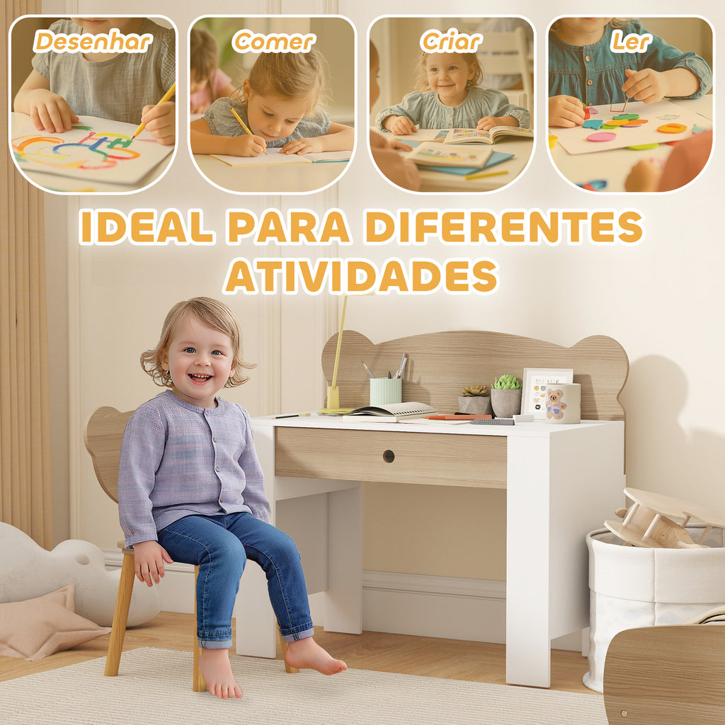 AIYAPLAY Secretária para Crianças com Cadeira em Forma de Ursinho Secretária Infantil com Gaveta para Estudar Ler e Desenhar Mesa para Crianças para Dormitório Branco e Madeira