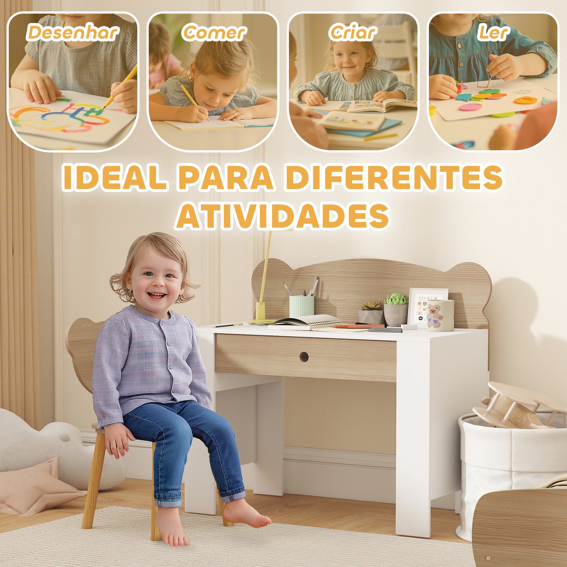 AIYAPLAY Secretária para Crianças com Cadeira em Forma de Ursinho Secretária Infantil com Gaveta para Estudar Ler e Desenhar Mesa para Crianças para Dormitório Branco e Madeira