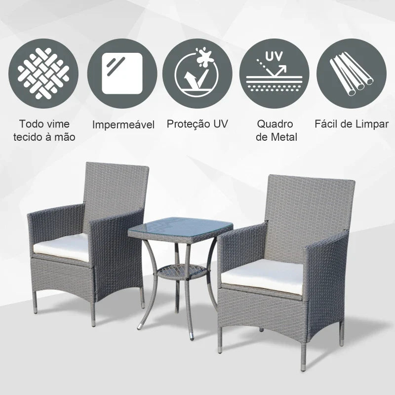 Conjunto de Móveis de Vime para Jardim Composto por 1 Mesa 2 Poltronas com Almofadas Móveis de Jardim Metal e Vime Cinza Claro