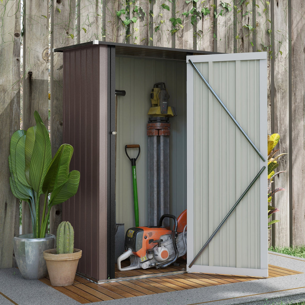 Abrigo de Jardim 1,07㎡ 142x84x189 cm Abrigo de Armazenamento Galvanizado Abrigo de Ferramentas com Teto Inclinado e Porta para Varanda Exterior Marrom