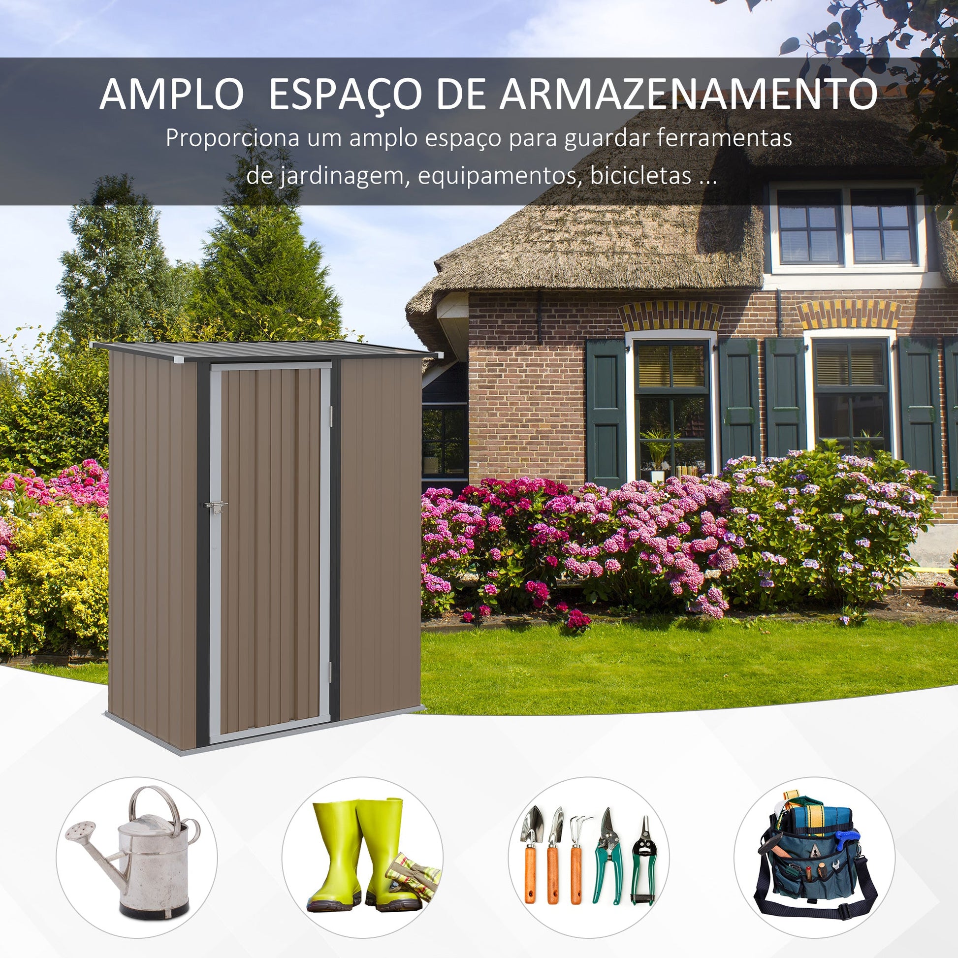Abrigo de Jardim 1,07㎡ 142x84x189 cm Abrigo de Armazenamento Galvanizado Abrigo de Ferramentas com Teto Inclinado e Porta para Varanda Exterior Marrom