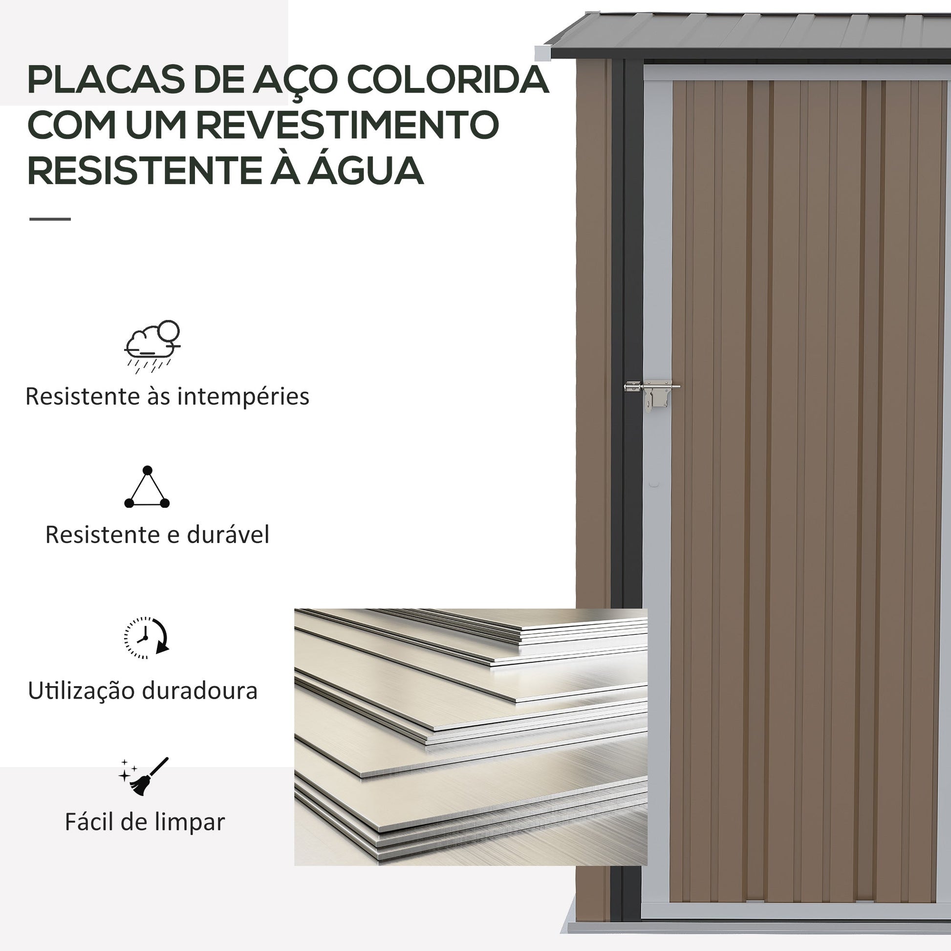 Abrigo de Jardim 1,07㎡ 142x84x189 cm Abrigo de Armazenamento Galvanizado Abrigo de Ferramentas com Teto Inclinado e Porta para Varanda Exterior Marrom