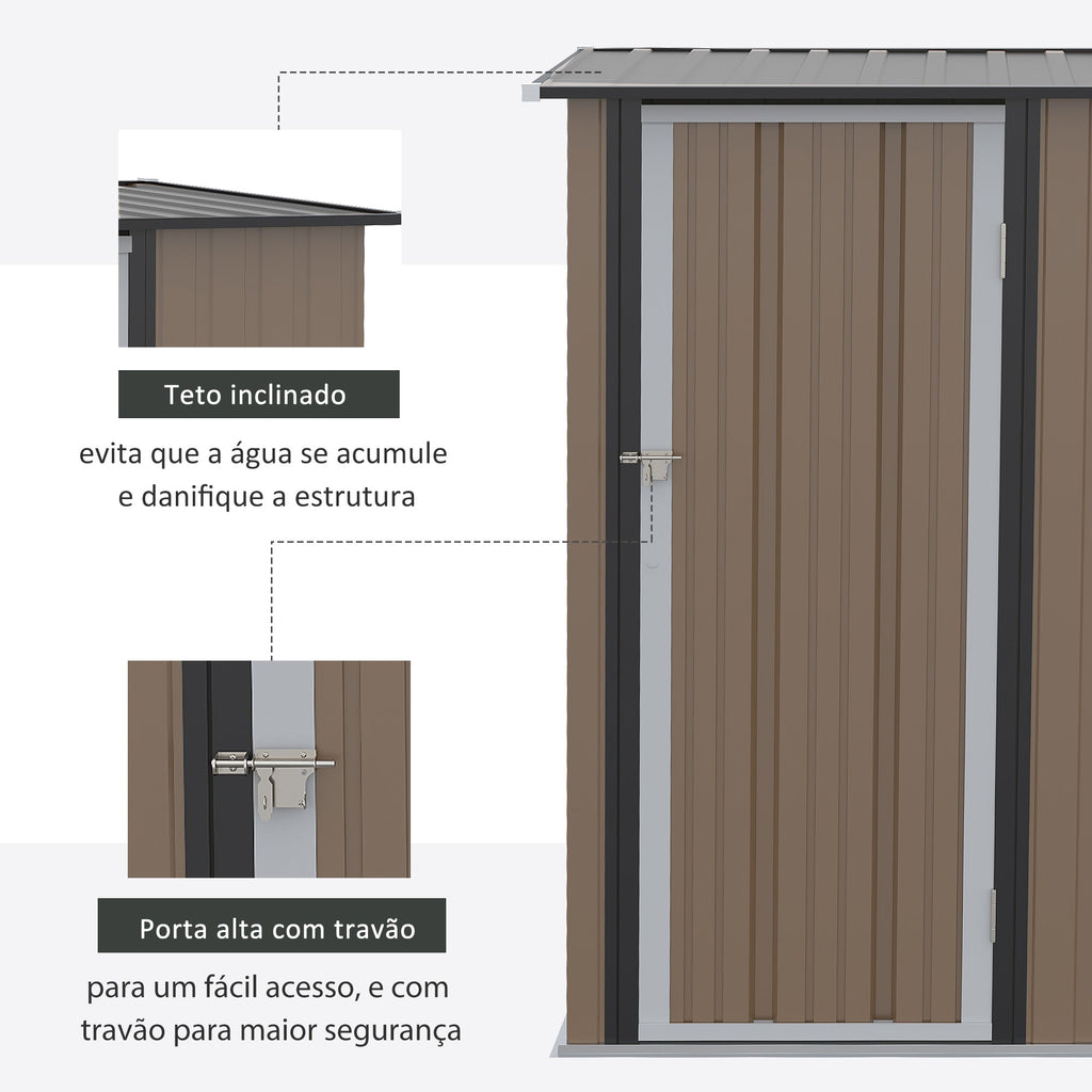 Abrigo de Jardim 1,07㎡ 142x84x189 cm Abrigo de Armazenamento Galvanizado Abrigo de Ferramentas com Teto Inclinado e Porta para Varanda Exterior Marrom
