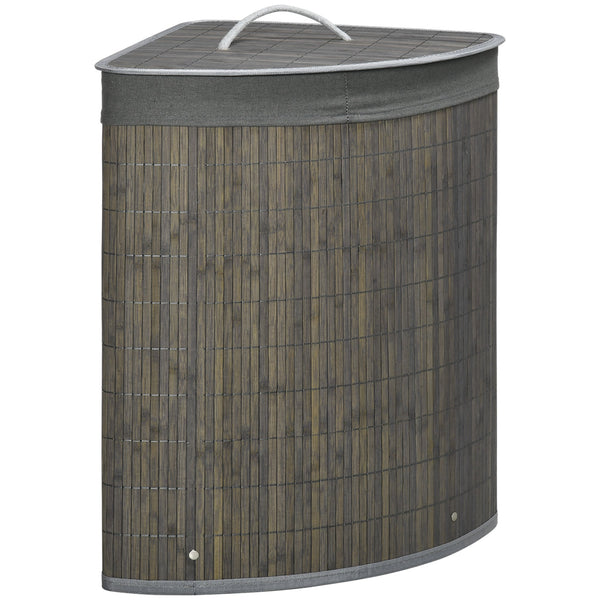 Cesto de Roupa de Bambu Capacidade de 55L Cesto para Roupa Suja em Forma de Leque com Tampa e Bolsa Amovível 38x38x57 cm Cinza
