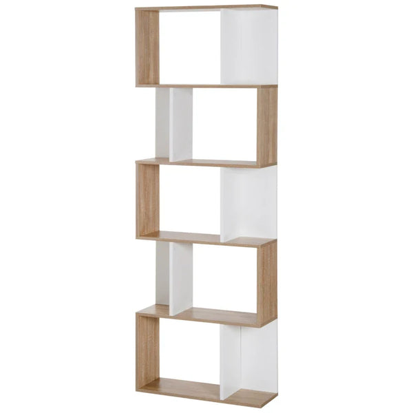 Estante para Livros Estante Alta de Parede com 5 Níveis em Forma de S Desenho Moderno para Sala de Estar Escritório 60x24x184,5cm Branco e Madeira