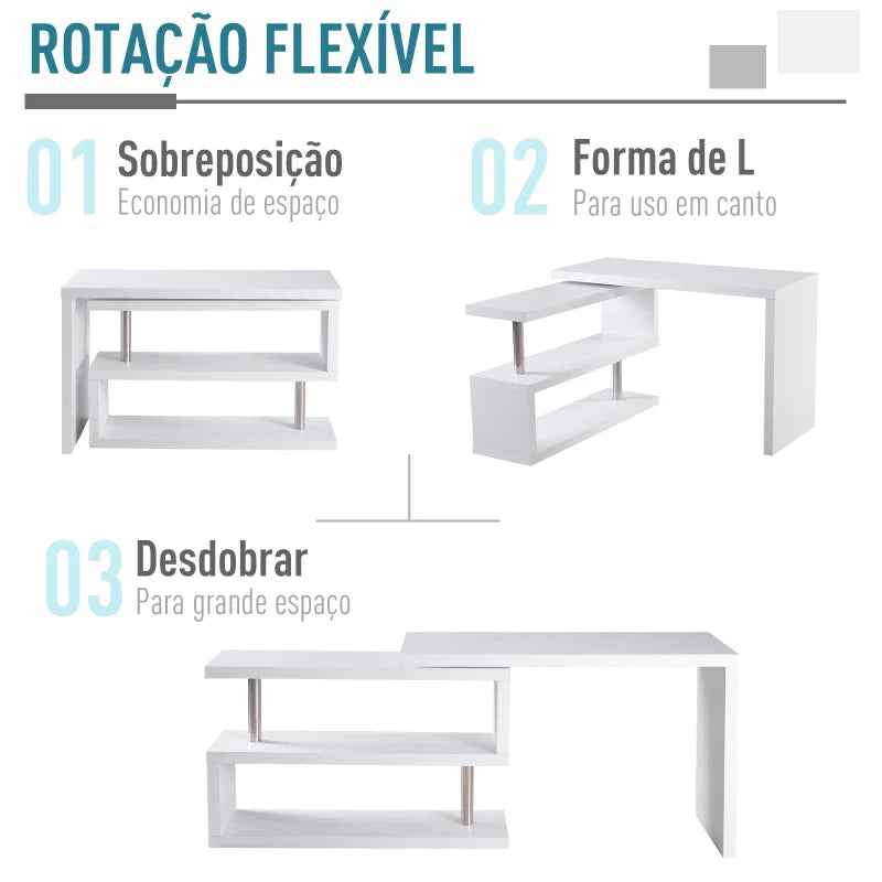 Secretária de Canto Giratória 360º Secretária em Forma de L com Prateleiras para Escritório Casa 114x120x76,1cm Branco