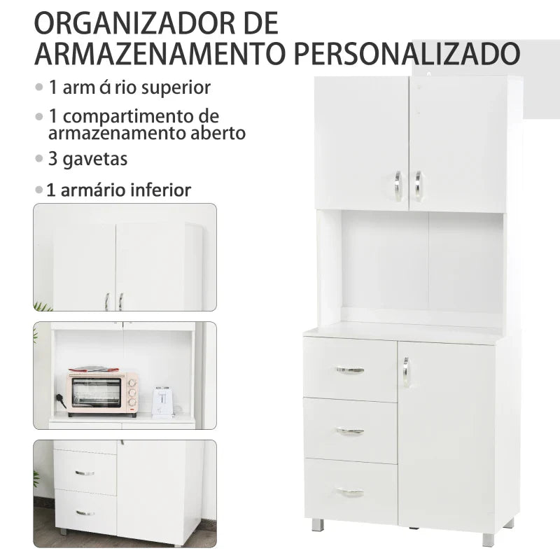 Armário de Armazenamento de Cozinha Armário Alto com 3 Gavetas 3 Portas e Prateleiras Interiores Ajustáveis móvel Auxiliar para Sala de Jantar Sala de Estar 80x39,5x183,5cm Branco