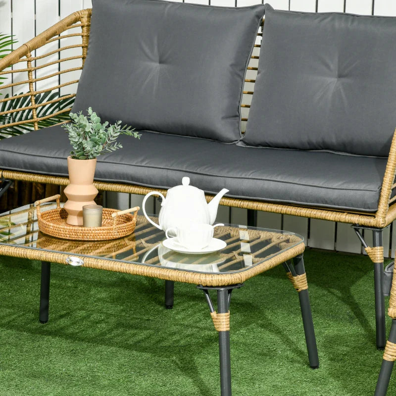 Conjunto de Móveis de Vime para 4 Pessoas Móveis de Jardim de 4 Peças com Sofá de 2 Lugares 2 Poltronas Mesa de Centro e 4 Almofadas para Varanda Pátio Marrom Claro e Cinza Escuro
