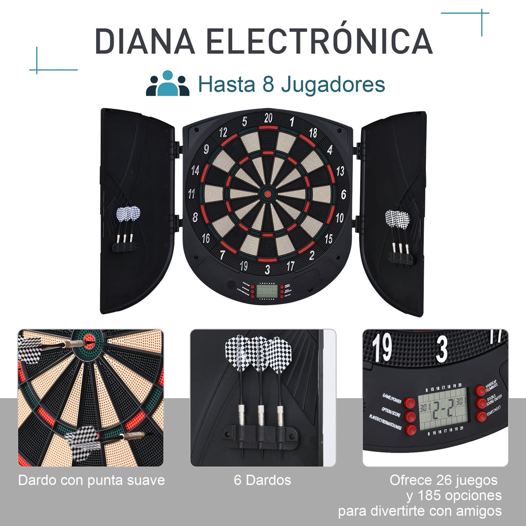 Alvo Eletrónico Digital com 6 Dardos até 8 Jogadores Marcador Portas Laterais Tela LCD 46.5x4.4x50.5 cm Preto