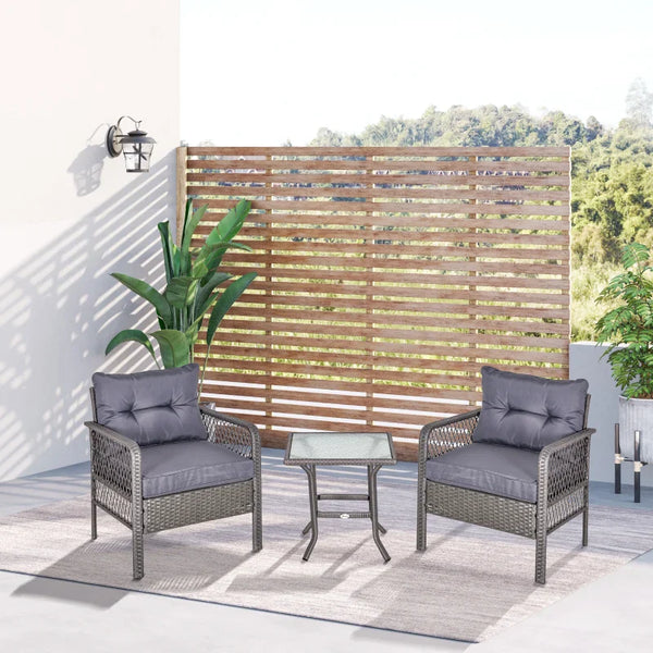 Conjunto de móveis de rattan de jardim 3 peças 2 poltronas 65x66x75 cm e 1 mesa de vidro temperado 50x50x50 cm com almofadas acolchoadas para terraço pátio cinza
