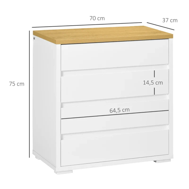 Cómoda Moderna com 4 Gavetas Cómoda de Madeira para Dormitório Sala de Estar Carga Máxima 40 kg 70x37x75 cm Branco e Madeira