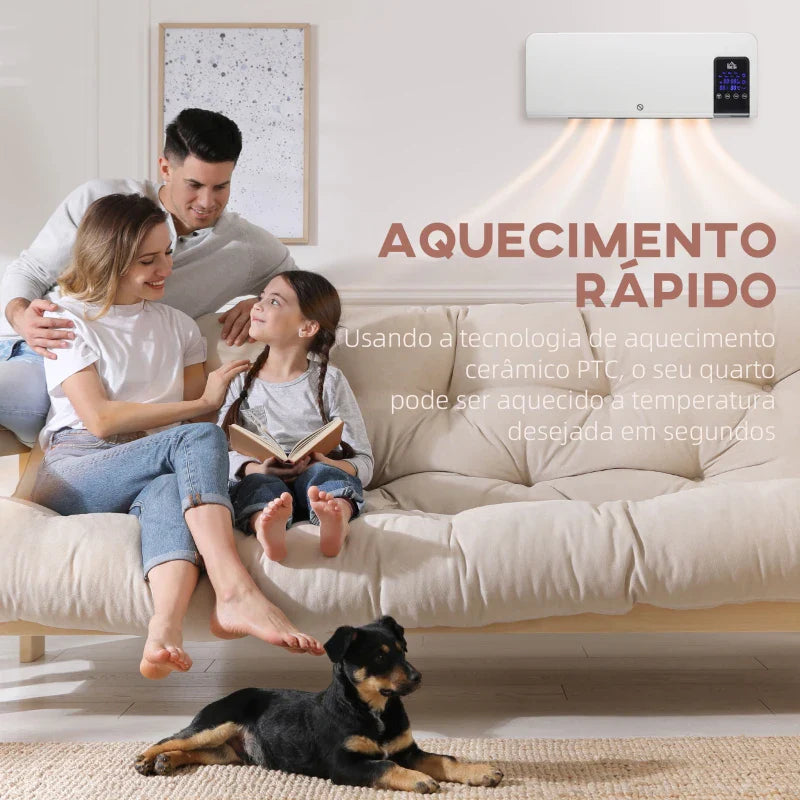 Aquecedor Elétrico de Parede 1000W/2000W Aquecedor com Ecrã LED Controlo Remoto Termostato Temporizador para Áreas de 15-20 m² 54,5x12x21,5 cm Branco