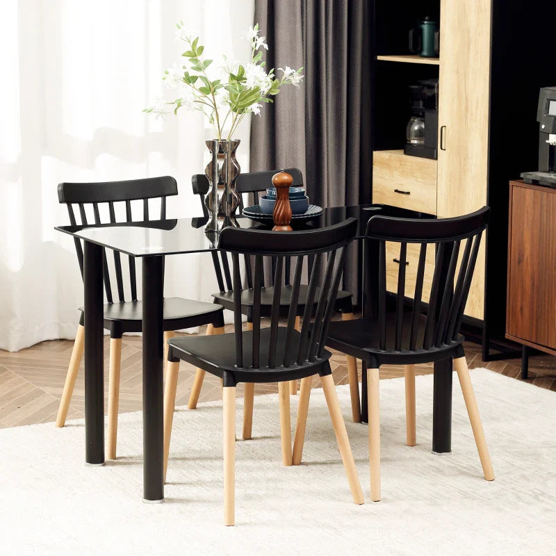 Conjunto de 4 Cadeiras Estilo Nórdico Cadeiras de Cozinha com Encosto Alto Assento de Polipropileno e Pés de Madeira de Faia Carga Máx. 120kg 48x52,5x83cm Preto e Madeira