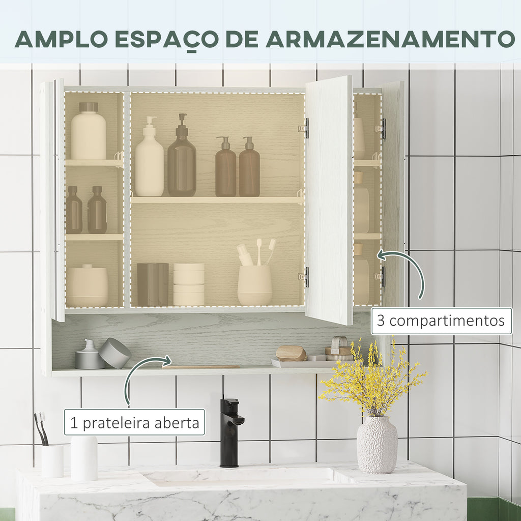 Armário de Casa de Banho com Espelho Armário de Parede com 3 Portas Prateleira Ajustável e Compartimento Móvel de Casa de Banho Suspenso 90x15x75 cm Madeira Clara