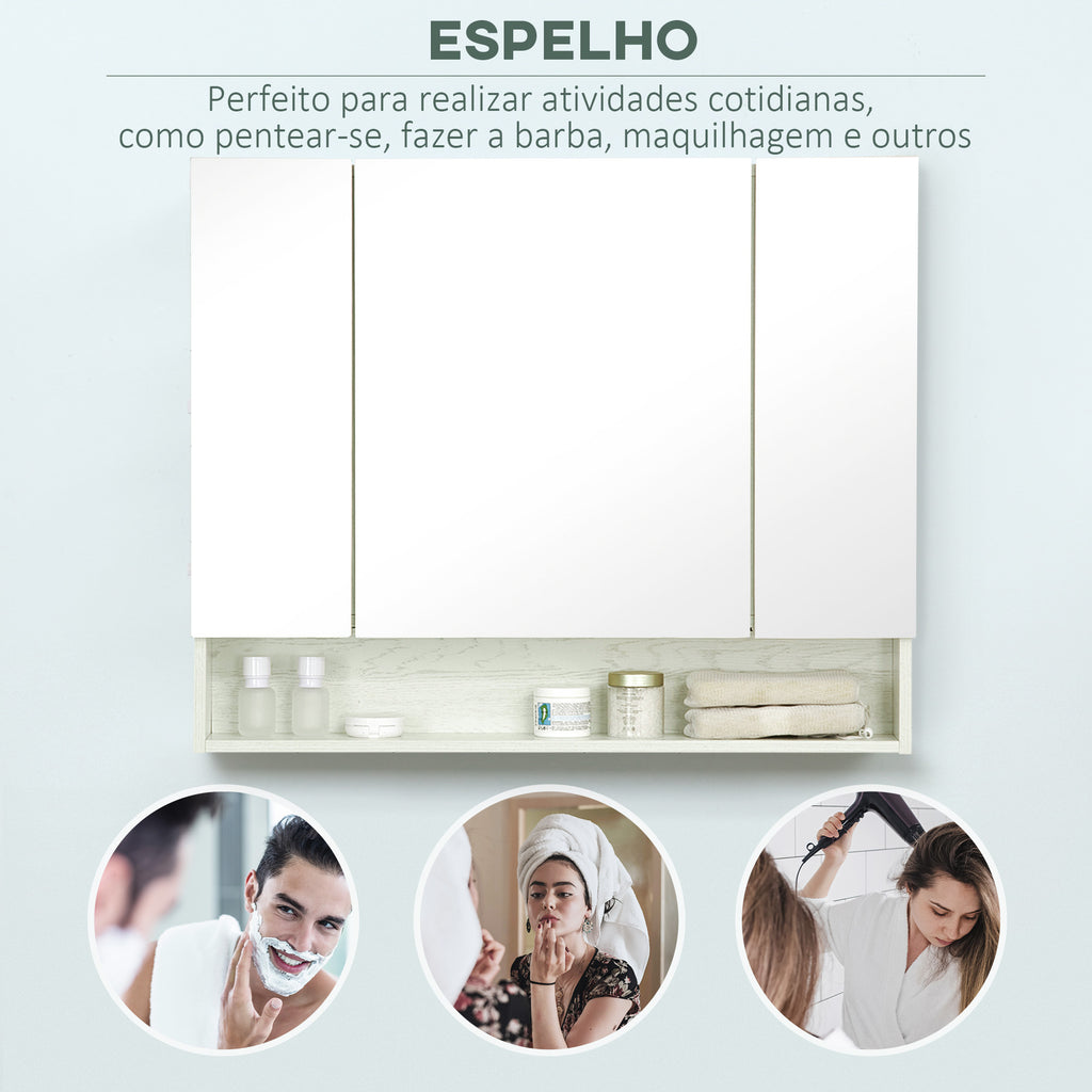 Armário de Casa de Banho com Espelho Armário de Parede com 3 Portas Prateleira Ajustável e Compartimento Móvel de Casa de Banho Suspenso 90x15x75 cm Madeira Clara