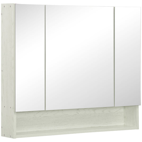 Armário de Casa de Banho com Espelho Armário de Parede com 3 Portas Prateleira Ajustável e Compartimento Móvel de Casa de Banho Suspenso 90x15x75 cm Madeira Clara