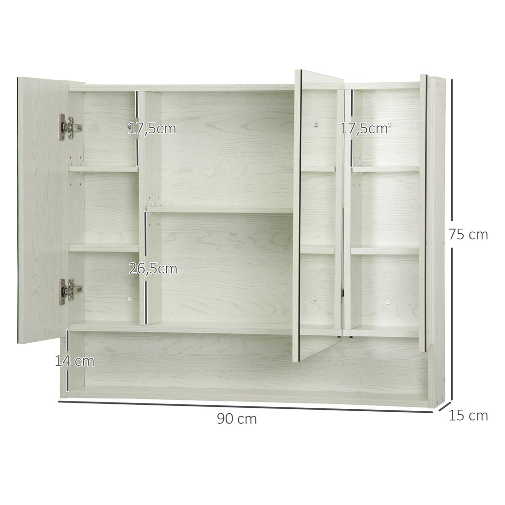 Armário de Casa de Banho com Espelho Armário de Parede com 3 Portas Prateleira Ajustável e Compartimento Móvel de Casa de Banho Suspenso 90x15x75 cm Madeira Clara
