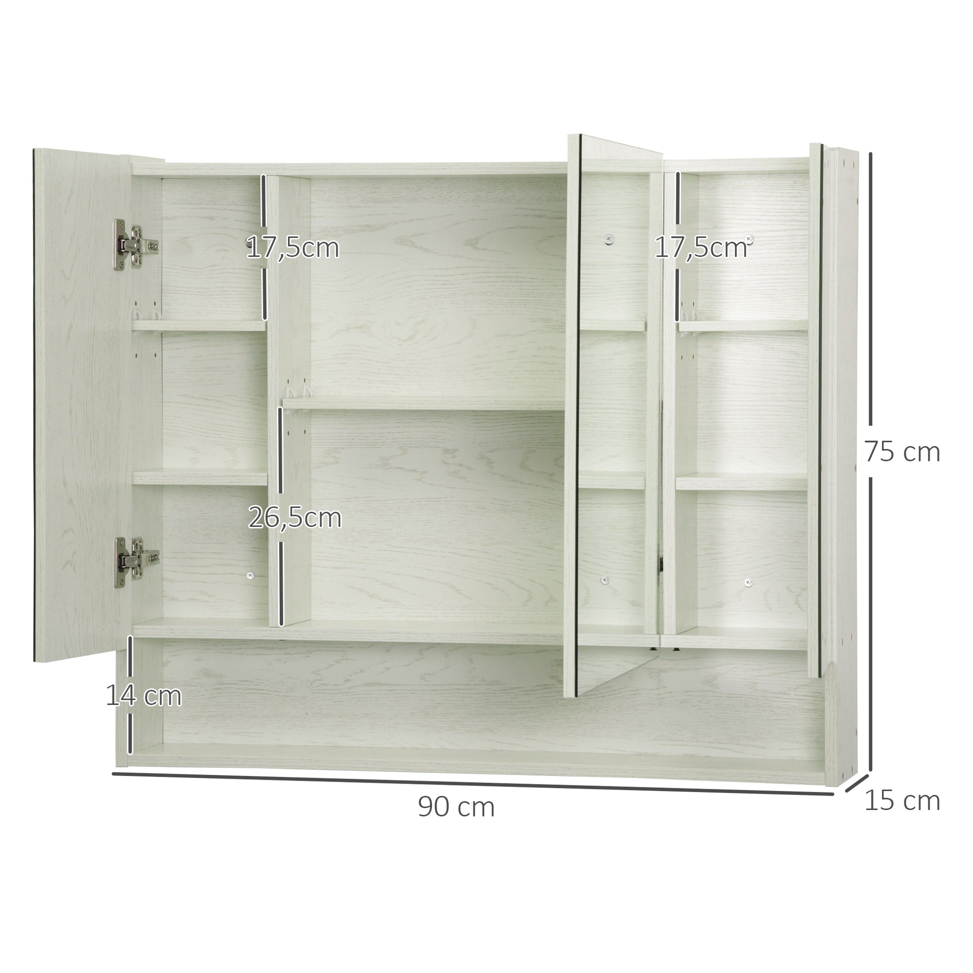 Armário de Casa de Banho com Espelho Armário de Parede com 3 Portas Prateleira Ajustável e Compartimento Móvel de Casa de Banho Suspenso 90x15x75 cm Madeira Clara