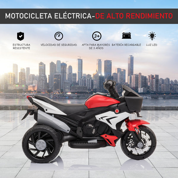 Motocicleta Elétrica Infantil com 3 Rodas para Crianças acima de 3 anos Triciclo com Pedal para Crianças Bateria 6V com Luzes Música Pneus Largos 86x42x52cm Vermelho