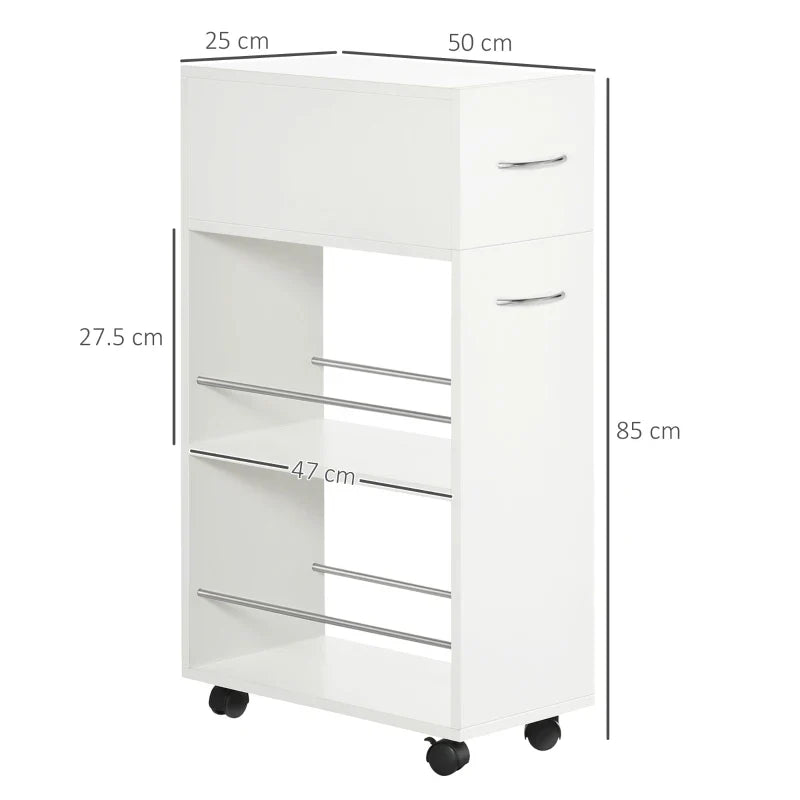 Carrinho de Cozinha com 1 Gaveta e 2 Prateleiras Abertas Carrinho de Cozinha Auxiliar cm Rodas para Sala de Jantar Casa de Banho 25x50x85cm Branco