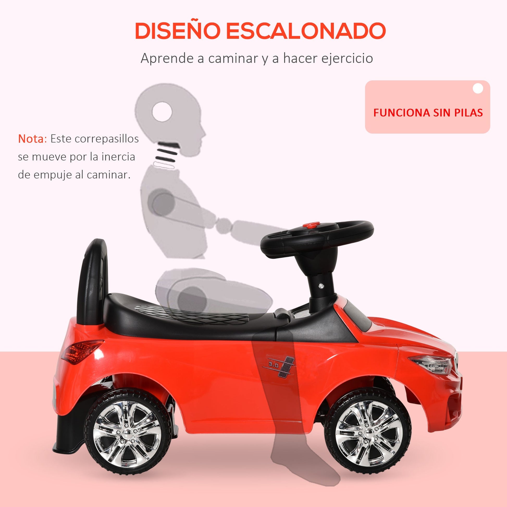 Carro Andador para Crianças de 18-36 Meses com Faróis Música Buzina Volante Compartimento de Armazenamento e Alça para Empurrar 63,5x28x36 Vermelho