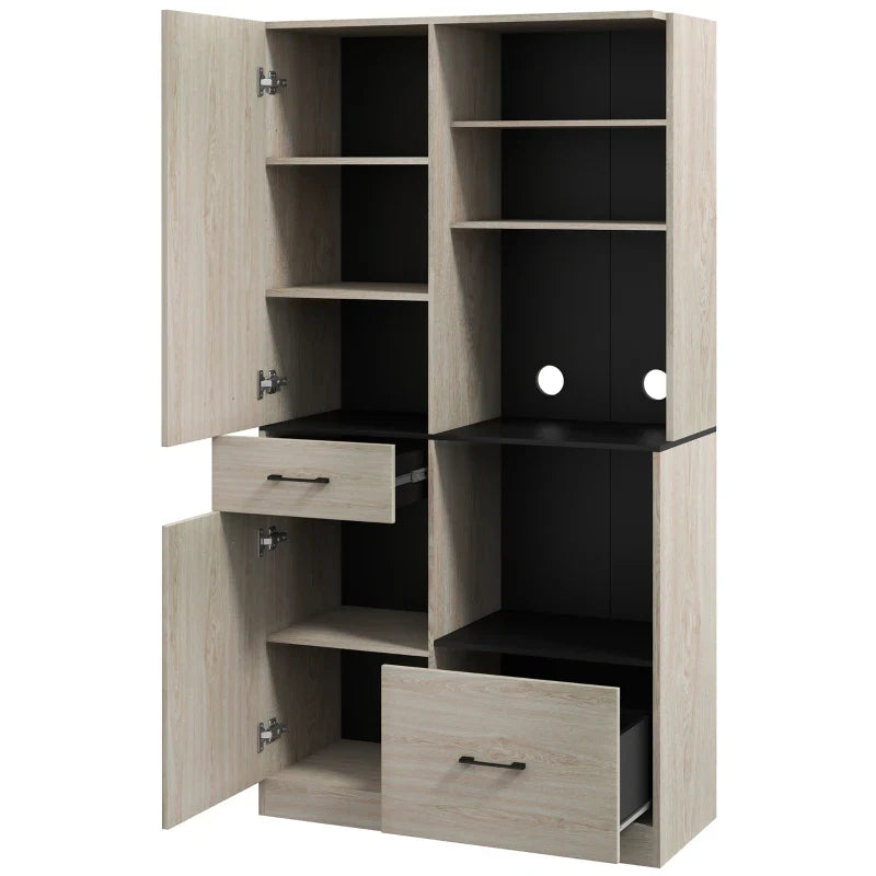 Armário de Cozinha Moderno Armário de Cozinha com 2 Gavetas 2 Armários e 4 Prateleiras Abertas Móvel Auxiliar de Cozinha 90x40x170 cm Madeira e Preto