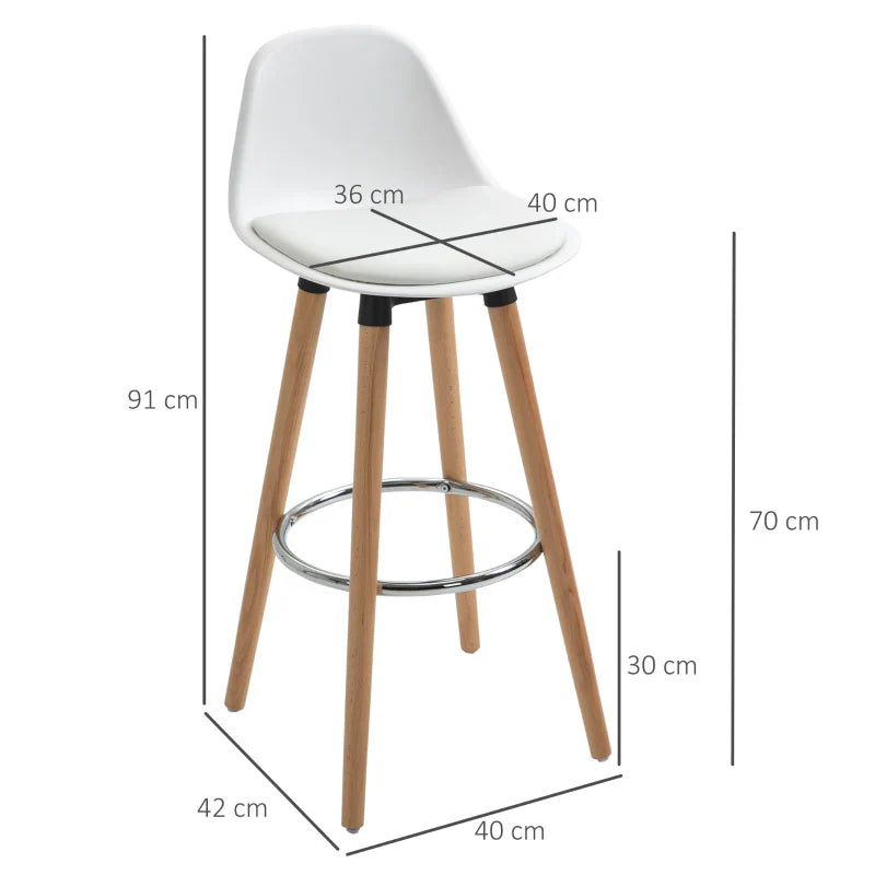 Conjunto de 2 Bancos de Bar Estofado em PU Bancos Altos de Cozinha com Assento de 69 cm e Pés de Madeira para Cozinha Sala de Jantar 38,5x42,5x91cm Branco