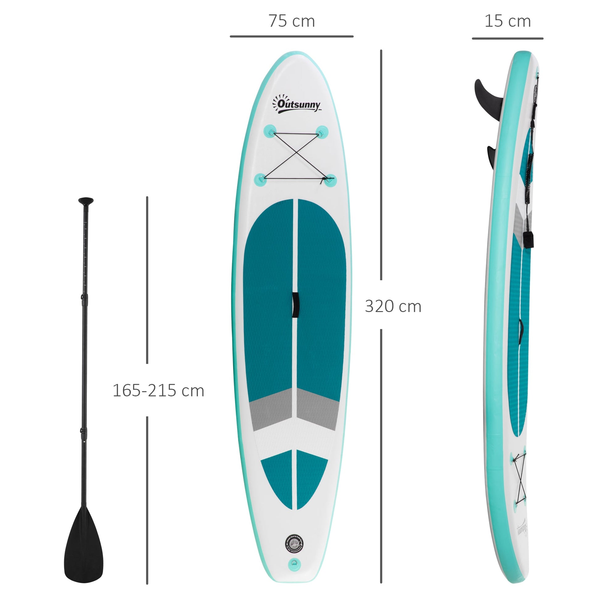 Prancha de Paddle Surf Inflável 320x76x15cm Dobrável com Remo de Alumínio Ajustável Desmontável Bolsa de Transporte e Acessórios Branco e Turquesa