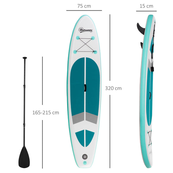 Prancha de Paddle Surf Inflável 320x76x15cm Dobrável com Remo de Alumínio Ajustável Desmontável Bolsa de Transporte e Acessórios Branco e Turquesa