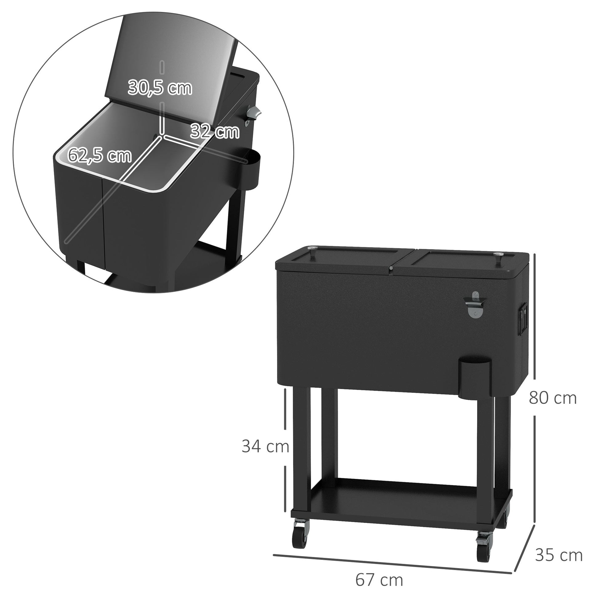 Carrinho Refrigerador de Bebidas de 56L Carrinho Refrigerador com Rodas Abridor de Garrafas e Prateleira para Pátio Festas Terraço Praia 67x35x80 cm Preto